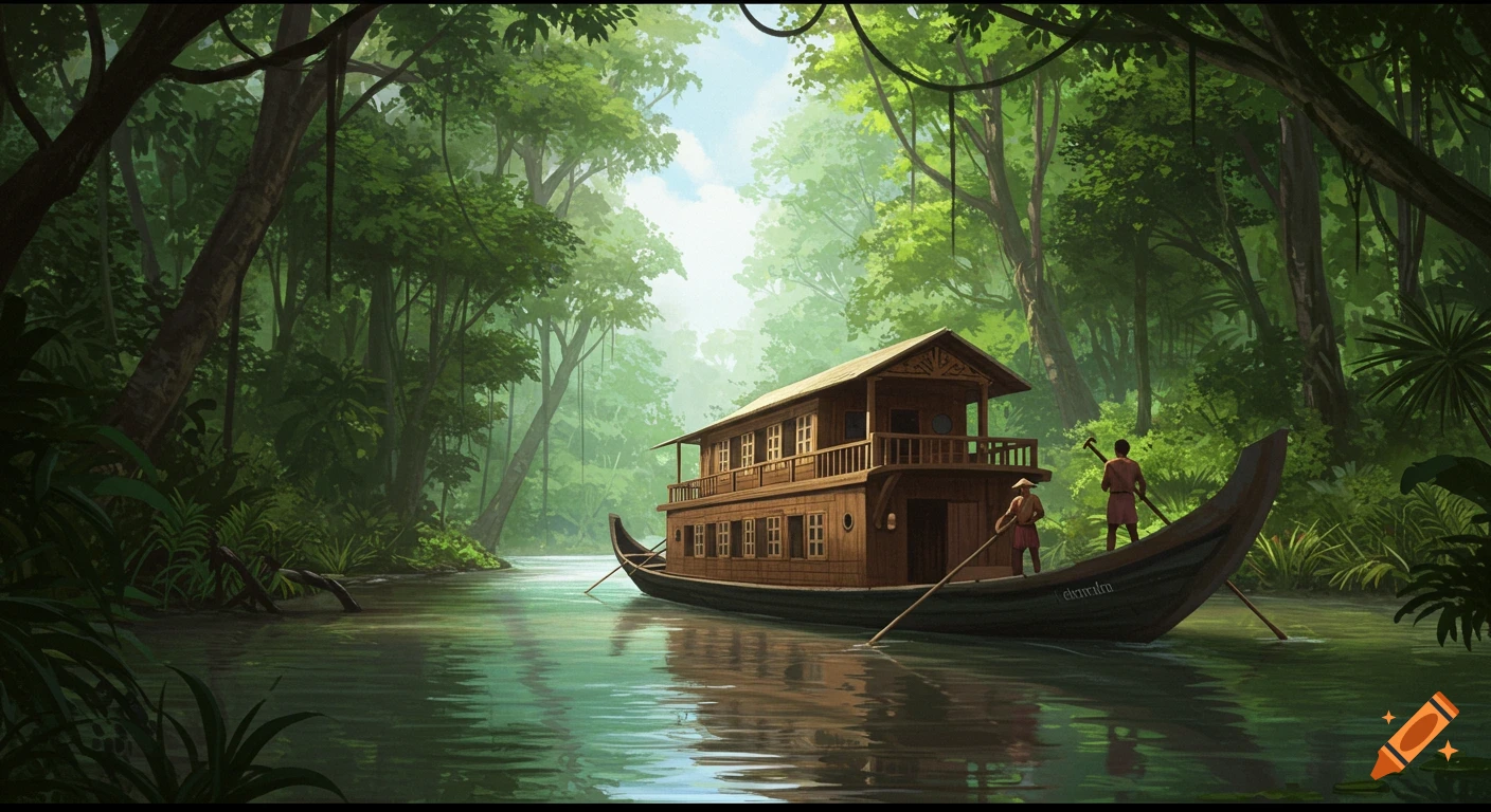 An illustration of a large wooden house boat with two people on board, floating on a green river surrounded by dense jungle foliage under a bright sky.