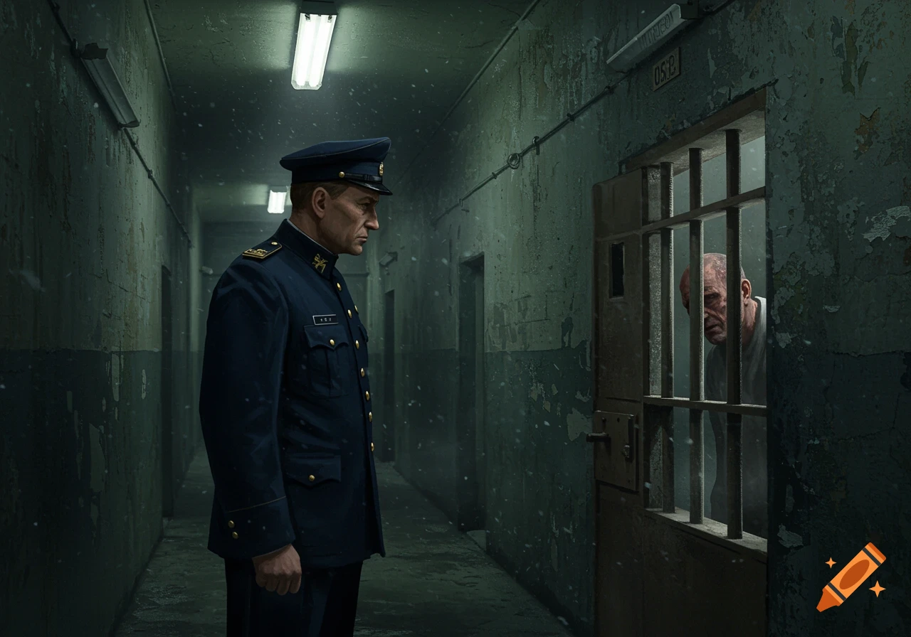 A photorealistic image of a prison officer in a dark uniform looking into a cell, where a bald prisoner is visible behind bars.