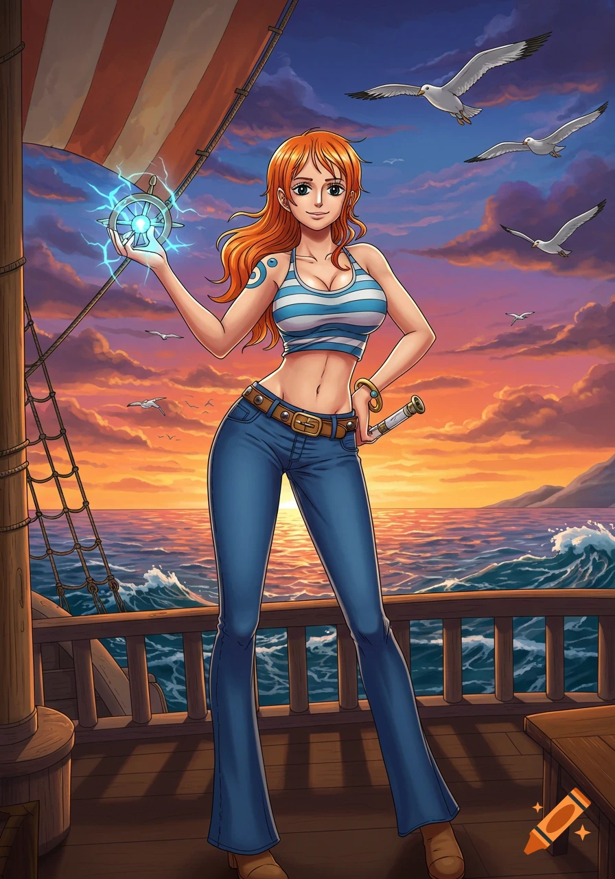 Anime illustration of Nami from One Piece on a ship deck at sunset, holding a lightning staff.