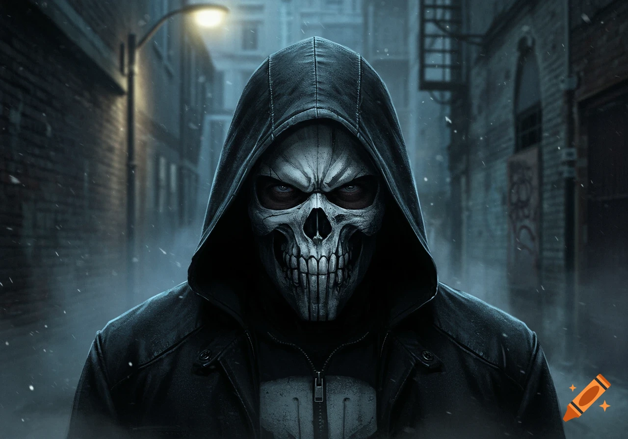 A person in a black hooded jacket and a skull mask, resembling the Punisher, stands in a dark, snowy alley at night.