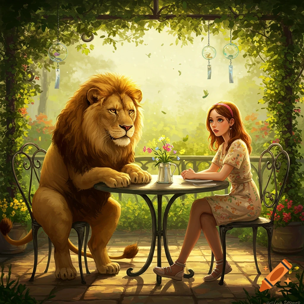 An anthropomorphic lion and a girl sit at a small table in a lush, green outdoor cafe.