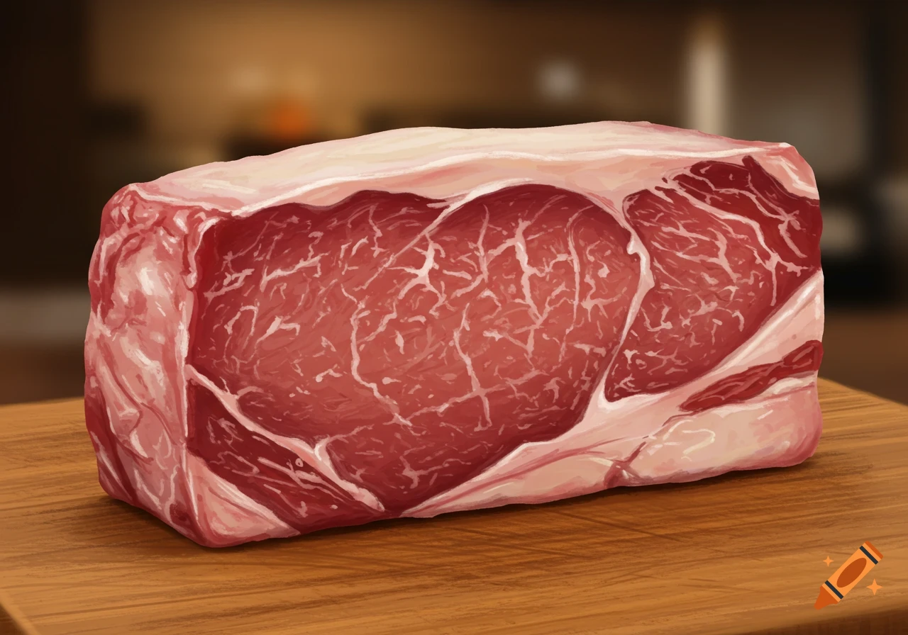 A raw, rectangular beef steak with prominent marbling on a wooden cutting board.