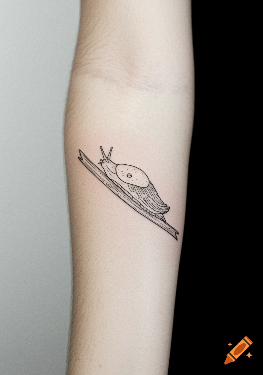 A line art tattoo of a slug with antennae and a mantle, crawling on a stick on a person's forearm.