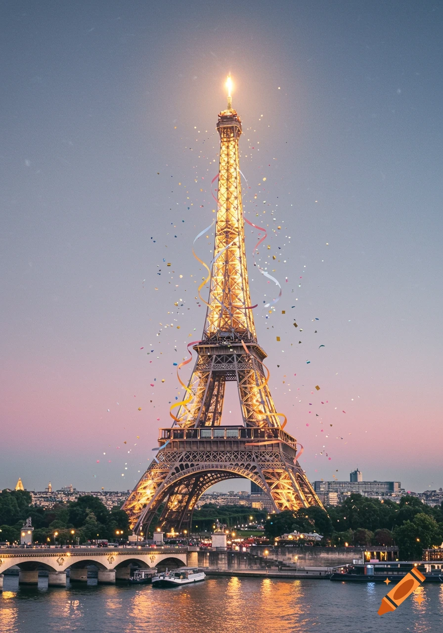The illuminated Eiffel Tower at dusk, resembling a birthday candle with colorful confetti and ribbons, above the Seine River in Paris.
