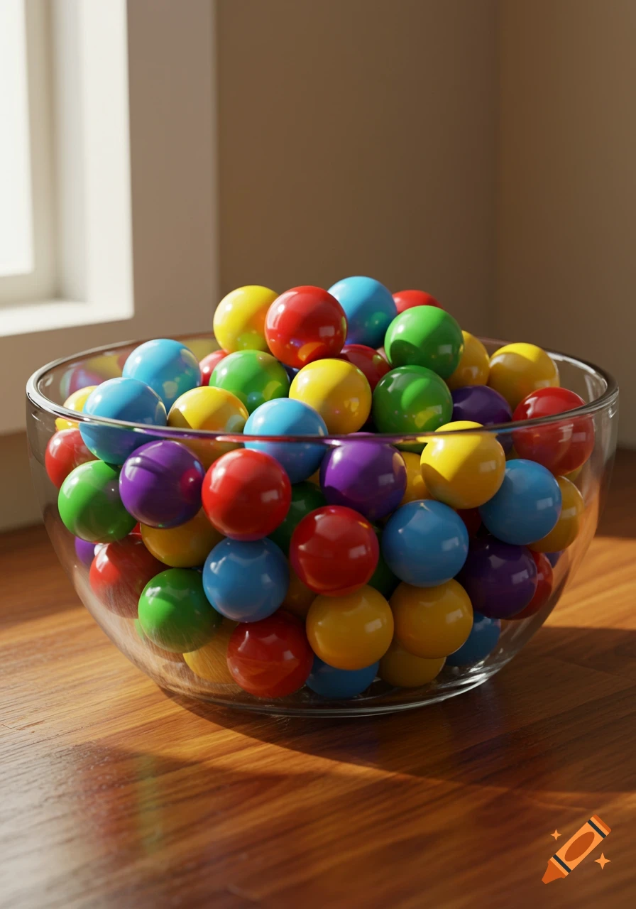 Photorealistic image of a clear glass bowl filled with colorful gumballs on a wooden table.