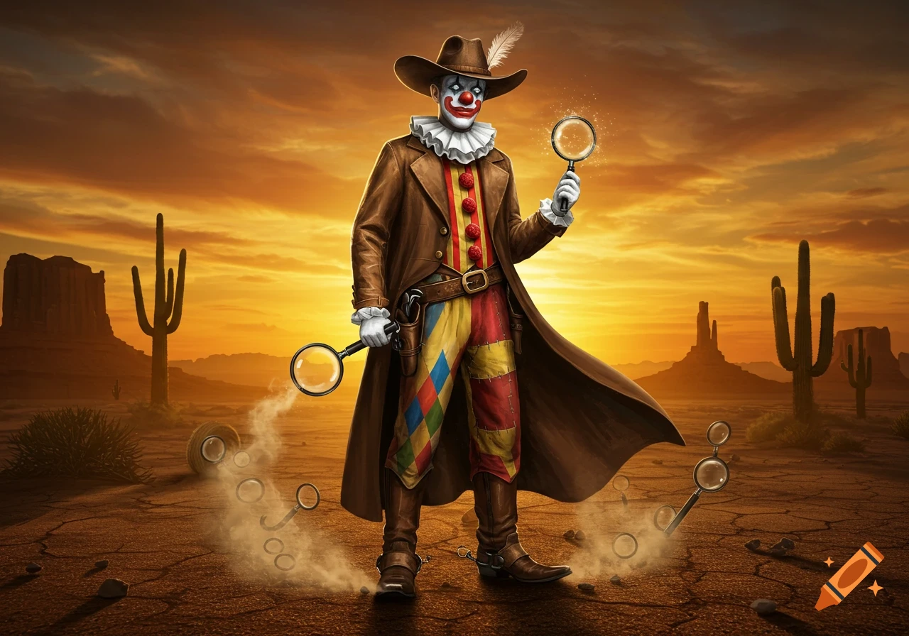A cowboy clown in a long brown coat and hat stands in a desert landscape with saguaro cacti, holding two magnifying glasses.