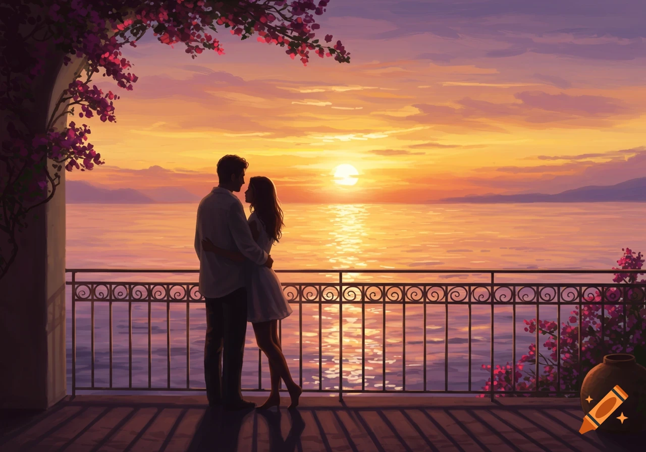 A couple embraces on a balcony overlooking the sea at sunset, in an artistic painting style.