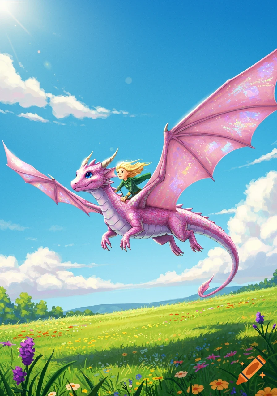 A cute pink dragon with sparkly wings flies through a bright blue sky, carrying a blonde child over a vibrant green field.