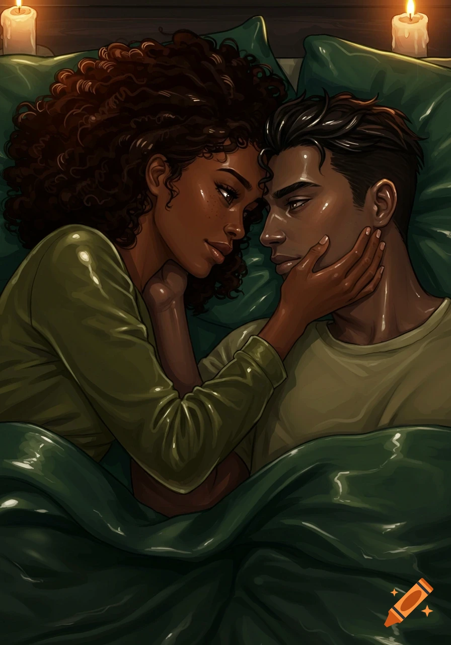 Jelly art illustration of a diverse couple in bed, gazing at each other tenderly by candlelight.