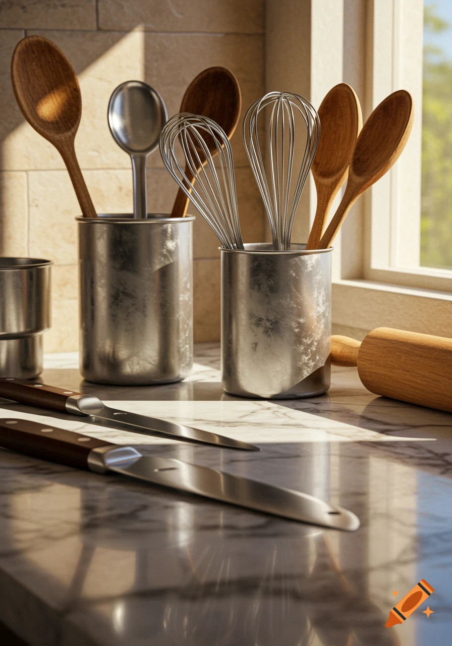 Photorealistic image of kitchen utensils, including wooden spoons, whisks, and knives, in metal holders on a sunlit marble countertop.