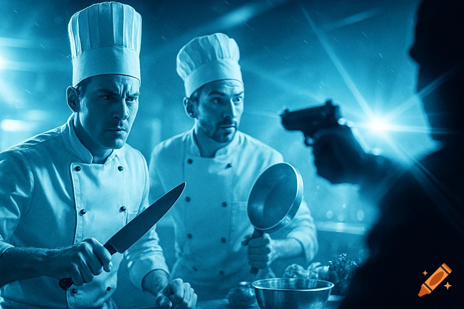 Two chefs confront a person pointing a gun in a dimly lit, dramatic blue kitchen scene.