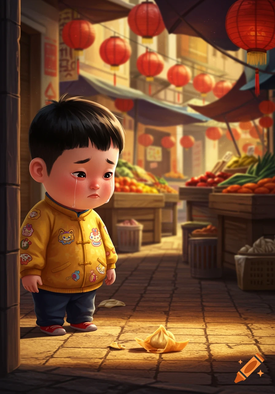 A sad child in a yellow jacket cries next to a dropped wonton on the ground in a vibrant market scene with red lanterns.