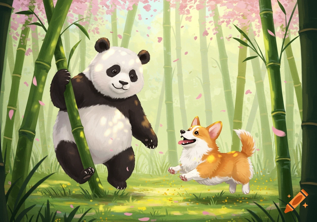 A cute illustrated panda and corgi playing in a vibrant bamboo forest with falling pink petals.