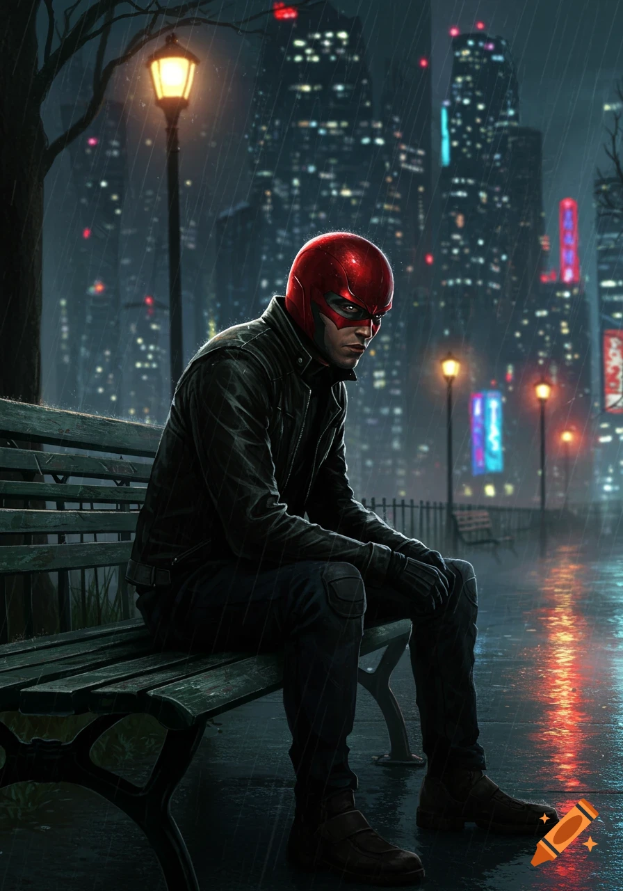 Jason Todd in his Red Hood helmet sits on a park bench in a rainy city at night, illuminated by streetlights and neon signs.