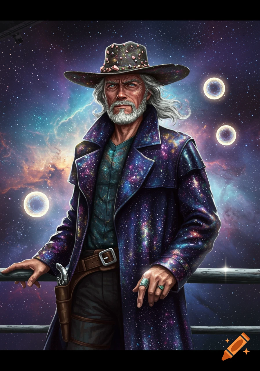 An illustration of an old man with a white beard, wearing a cosmic-themed cowboy hat and coat, standing against a vibrant galaxy background.