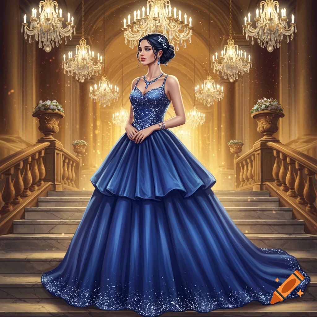 A woman in a shimmering blue ballgown stands on a grand marble staircase in a lavish hall with chandeliers.