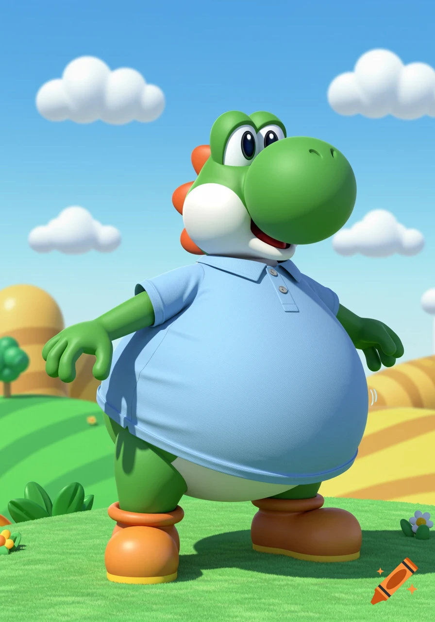 Yoshi, a green dinosaur character, wears a light blue polo shirt and has an inflated belly, standing in a bright cartoon grassy landscape under a blue sky.