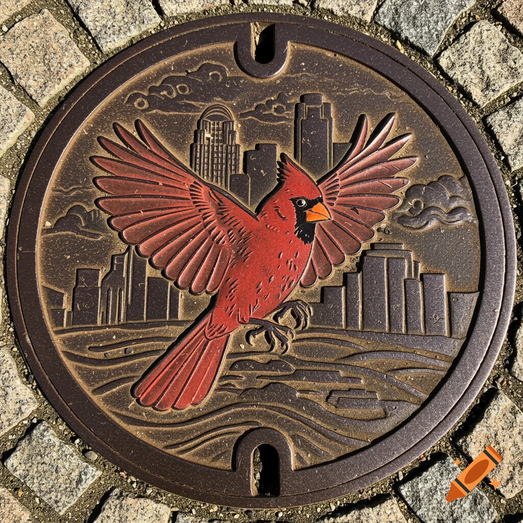 A round metal manhole cover embedded in cobblestones features an embossed red cardinal with outstretched wings flying over a city skyline.