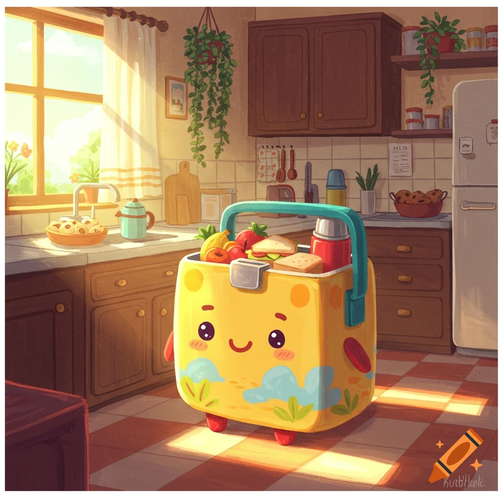 A cute, smiling yellow lunchbox filled with food stands on a checkered floor in a sunlit cartoon kitchen.