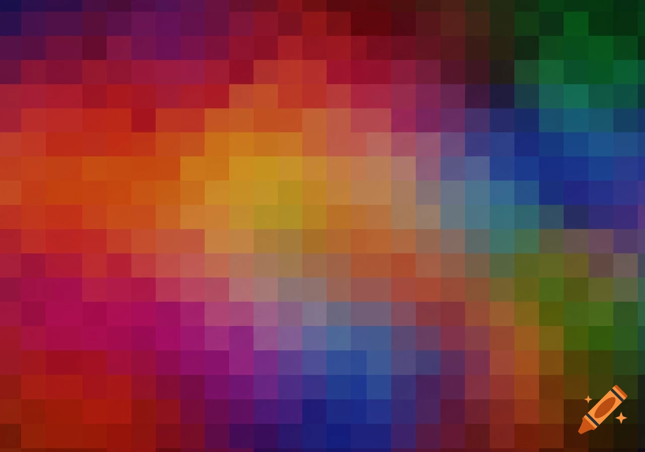 A colorful mosaic of squares transitioning from reds and oranges to blues and greens.