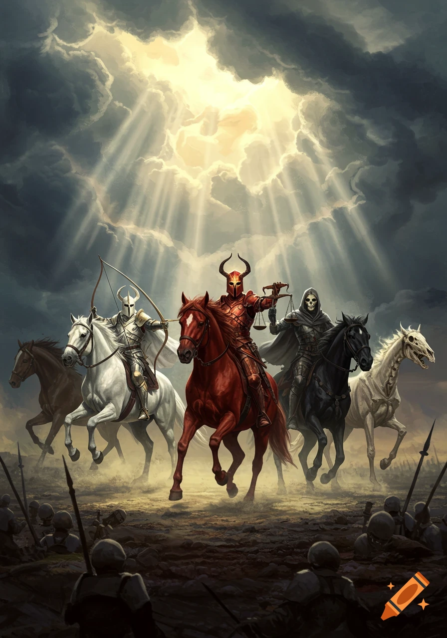 Four Horsemen of the Apocalypse ride across a desolate battlefield under dramatic, sunlit clouds.