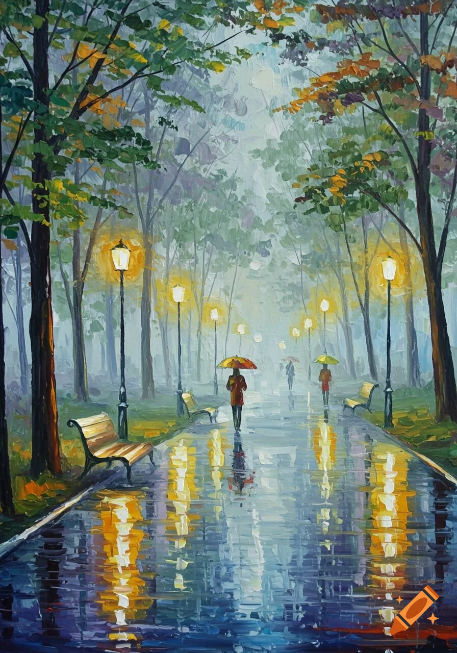 Impressionist painting of a rainy park with figures under umbrellas, streetlights illuminating the wet path and reflections.