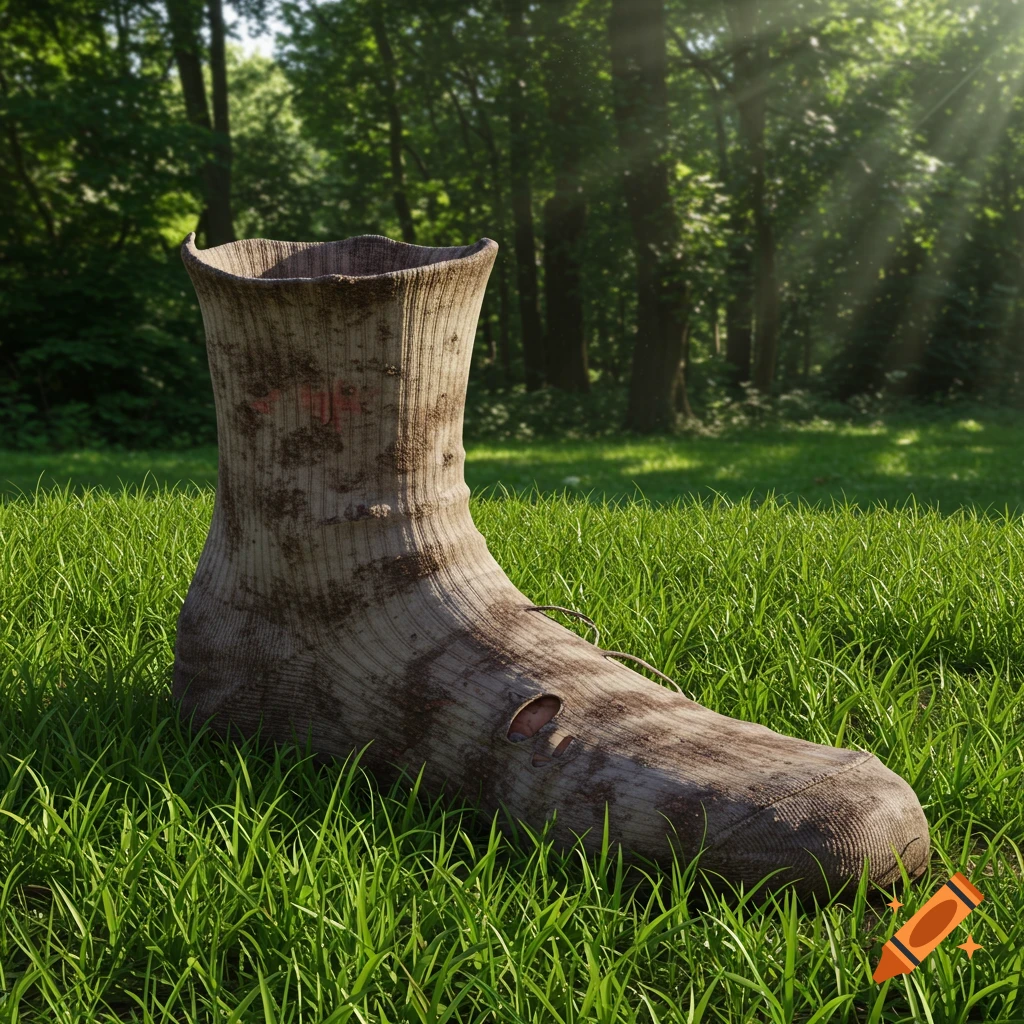 A photorealistic image of a large, dirty, ripped sock lying in green grass with trees in the background.