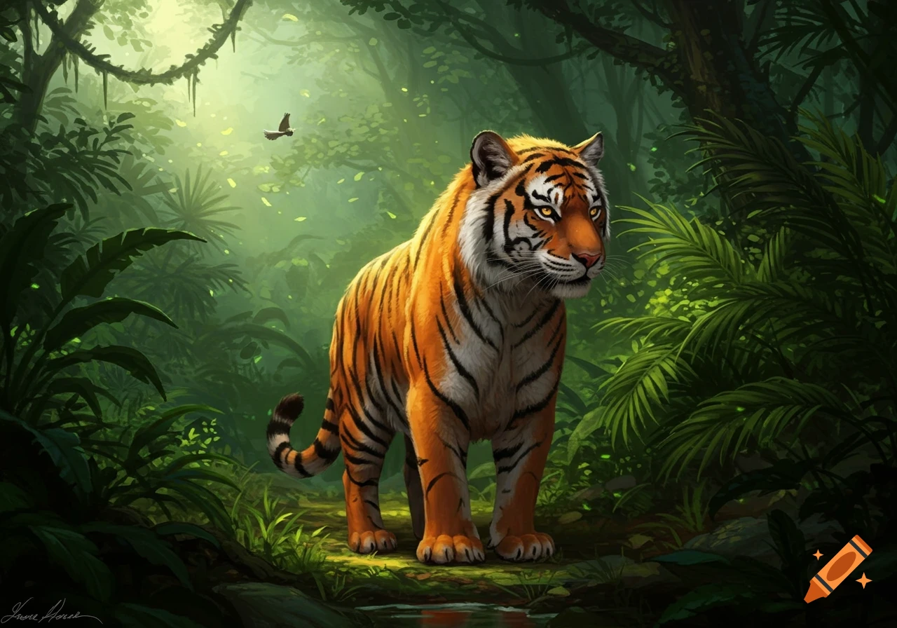 A majestic tiger stands in a vibrant, sunlit jungle with lush green foliage and a small bird flying overhead.