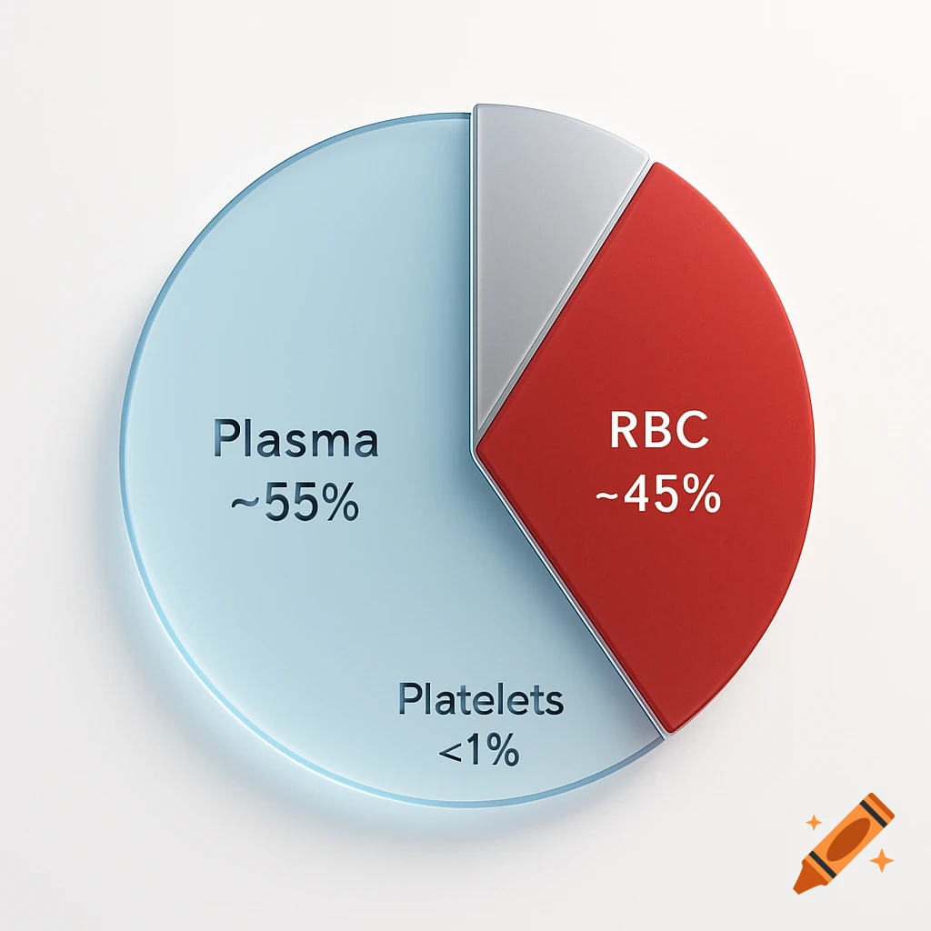 A 3D pie chart depicting blood components: plasma at 55%, RBCs at 45%, and platelets at less than 1%.