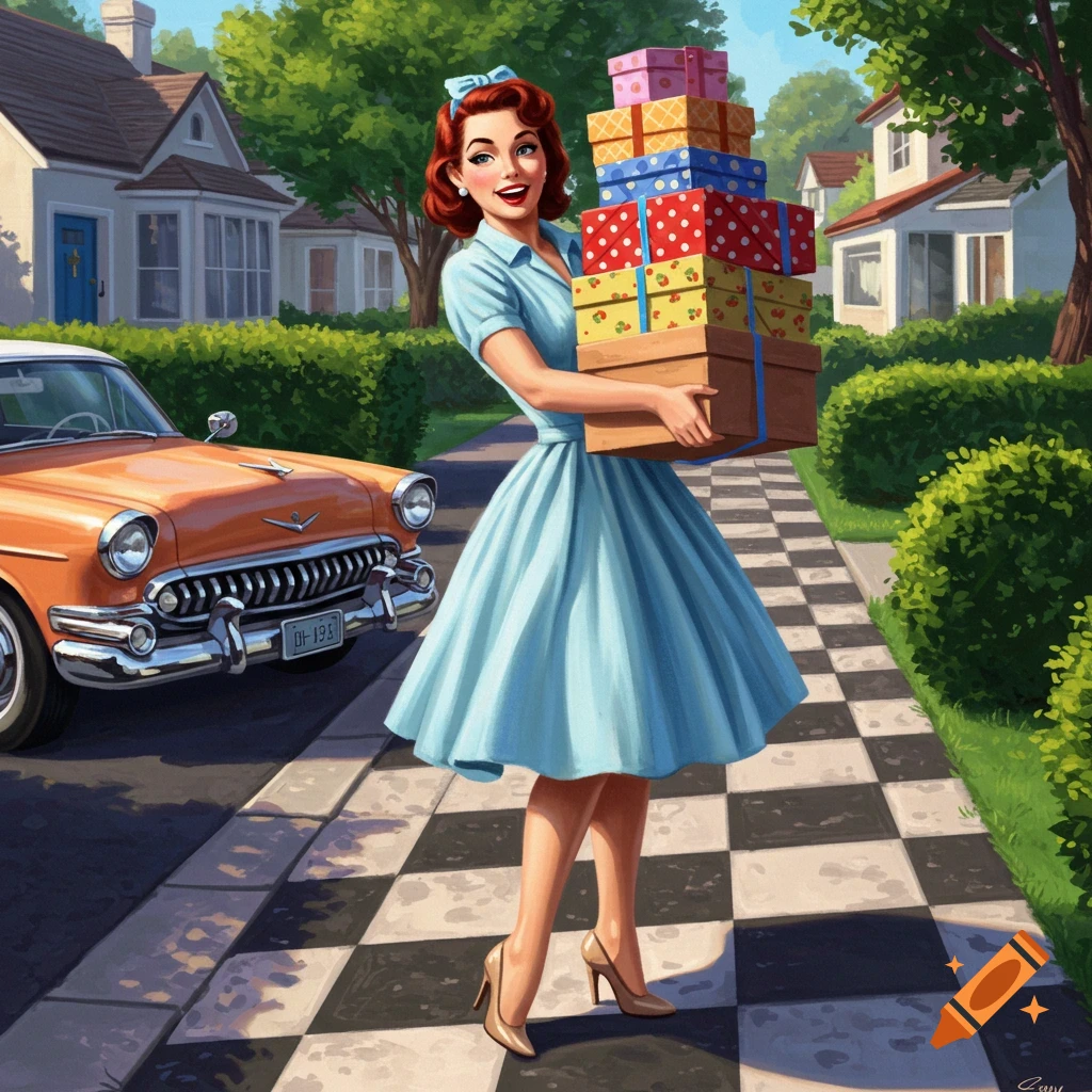 An illustrated 1950s style woman in a blue dress carries a stack of gift boxes on a checkered sidewalk in a suburban neighborhood with a vintage orange car.
