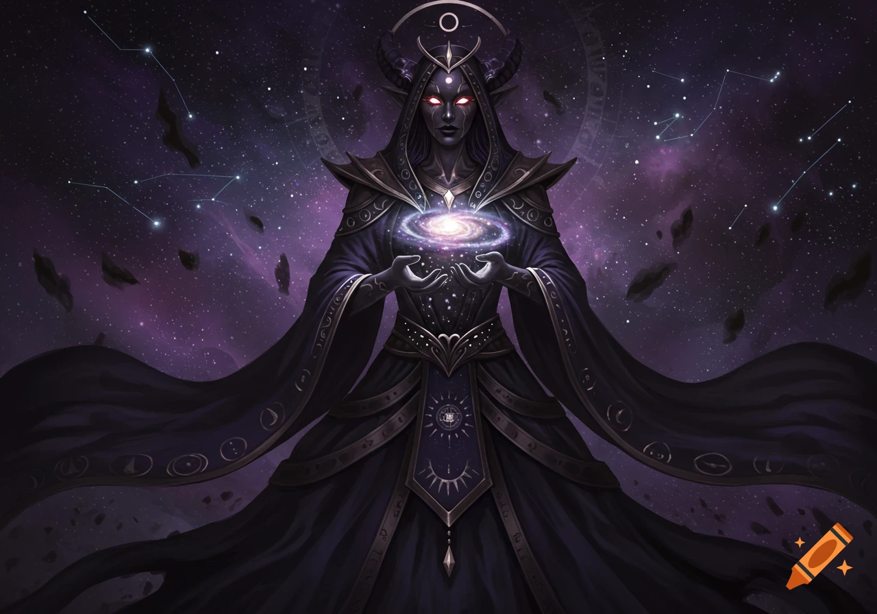 Dark fantasy sorceress holding a swirling galaxy against a starry purple cosmic background, stylized.