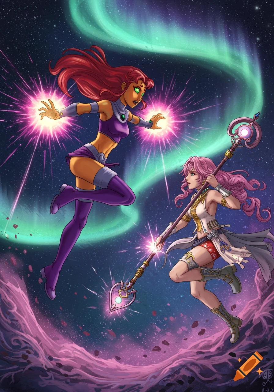 Starfire from Teen Titans and Vanille from Final Fantasy 13 battle in space with an aurora, drawn in an anime comic book style.