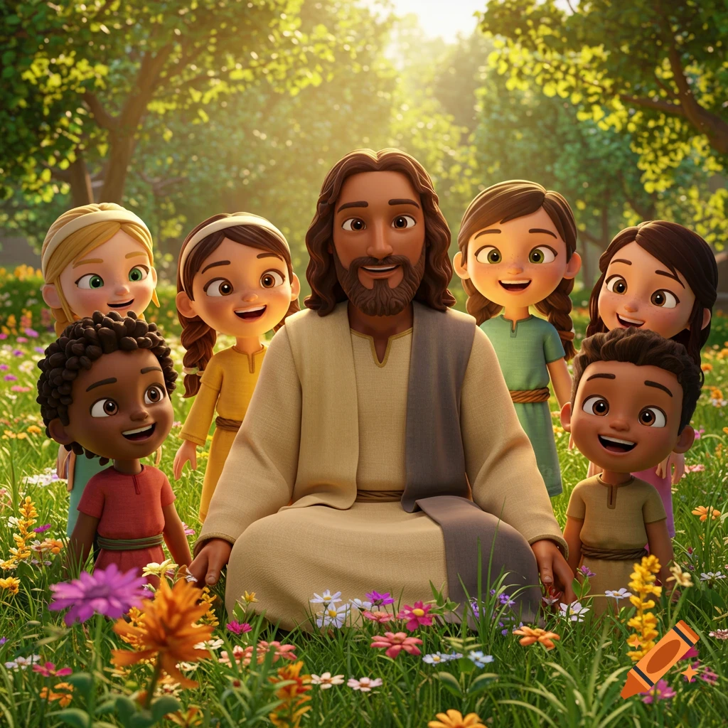 A 3D animated image of Jesus with a beard and robe, sitting in a field of colorful flowers surrounded by smiling children of various ethnicities.