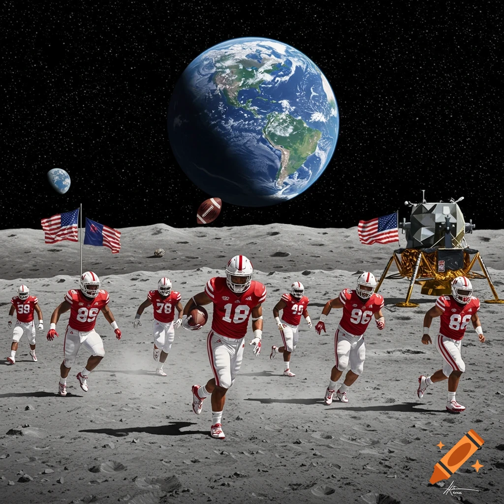 American football players in red and white uniforms run across the moon's surface, with Earth and a lunar lander in the background, in a photorealistic style.