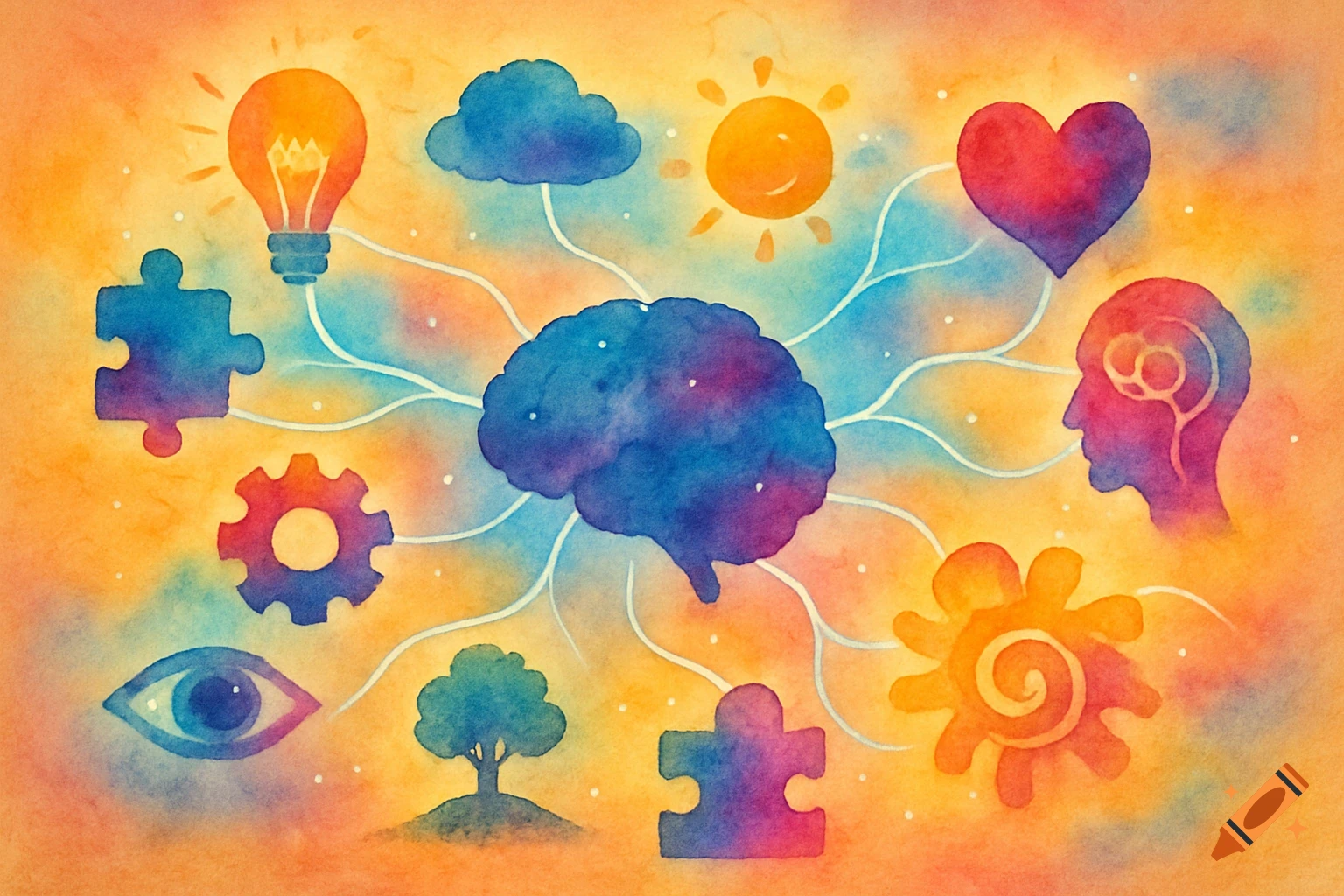 A colorful watercolor illustration of a brain surrounded by and connected to symbols representing ideas, emotions, and concepts.