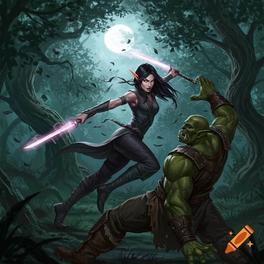 A female elf ninja with glowing purple swords fighting a green orc in a dark forest under a full moon.