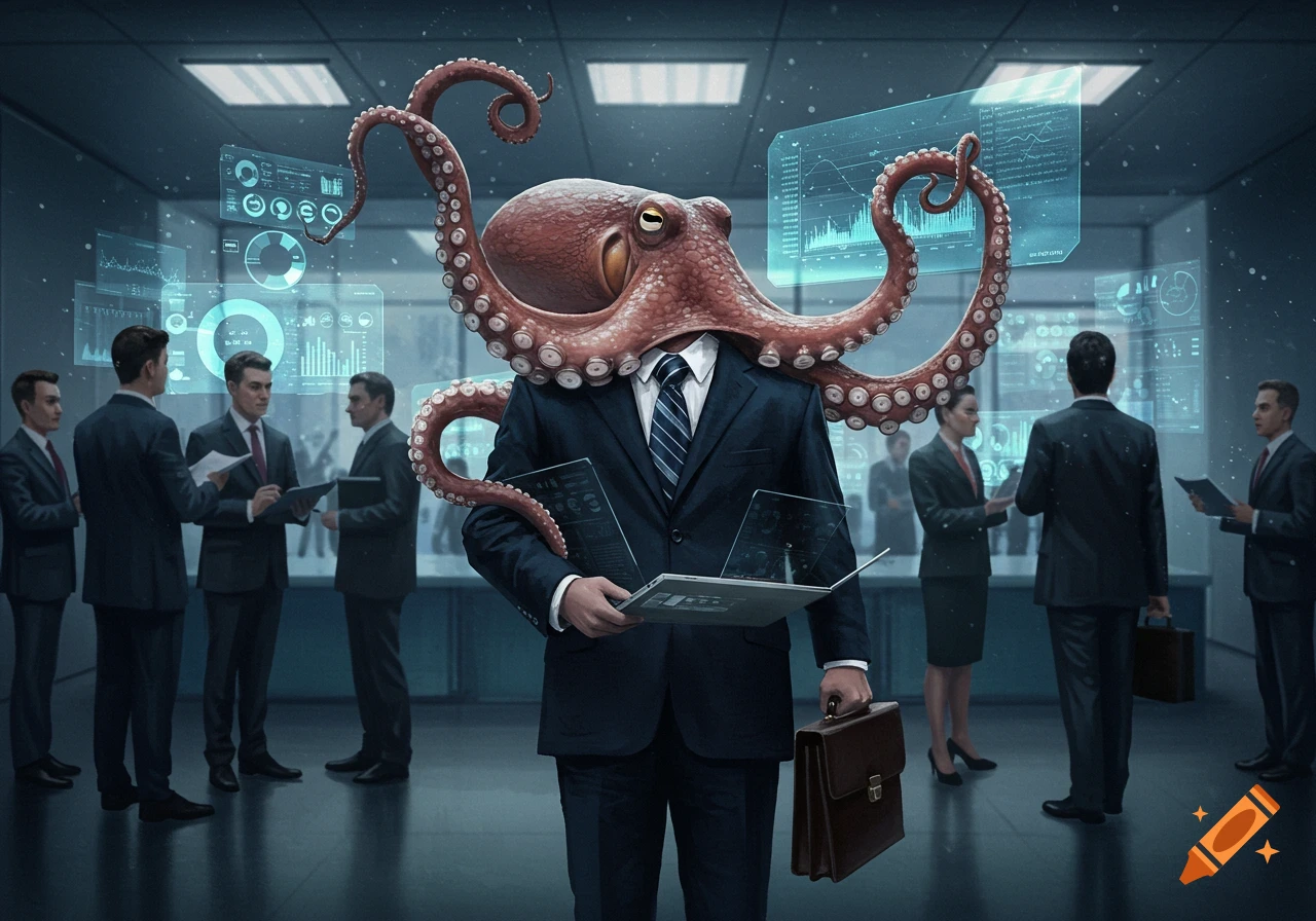 An octopus in a business suit holds a laptop and briefcase in a modern office with holographic displays and business people.