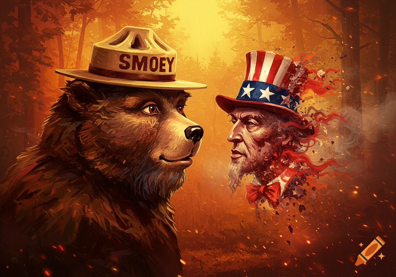 An abstract digital illustration showing Smokey Bear wearing a hat that says "SMOEY" looking at Uncle Sam who is dissolving into red, white, and blue particles, all against a fiery forest background.