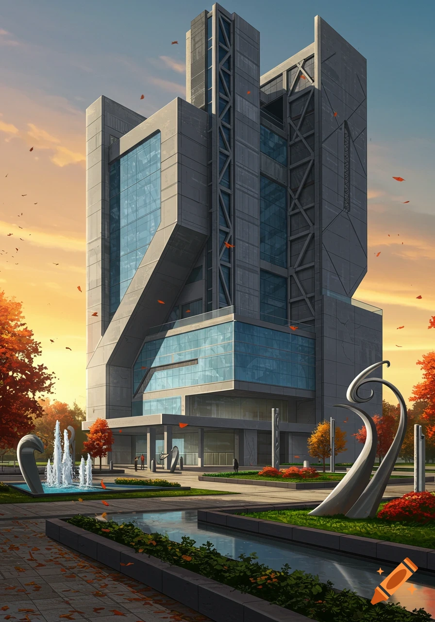 A modern, grey concrete building with blue glass windows, surrounded by an urban park with fountains, abstract sculptures, and autumn trees under a warm, orange sky.