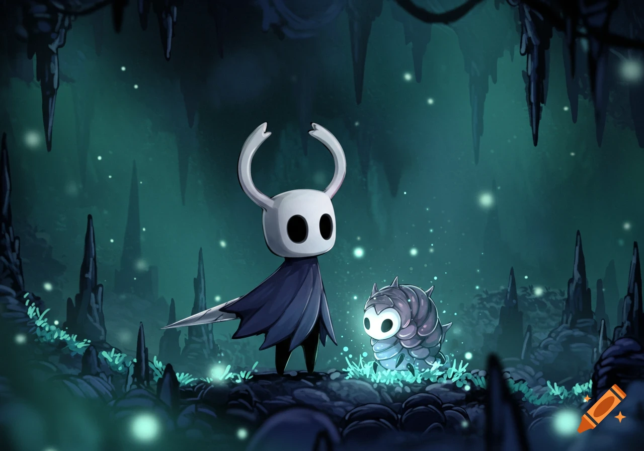 The Knight and a glowing grub stand in a dark, ethereal cave with glowing flora and stalactites.