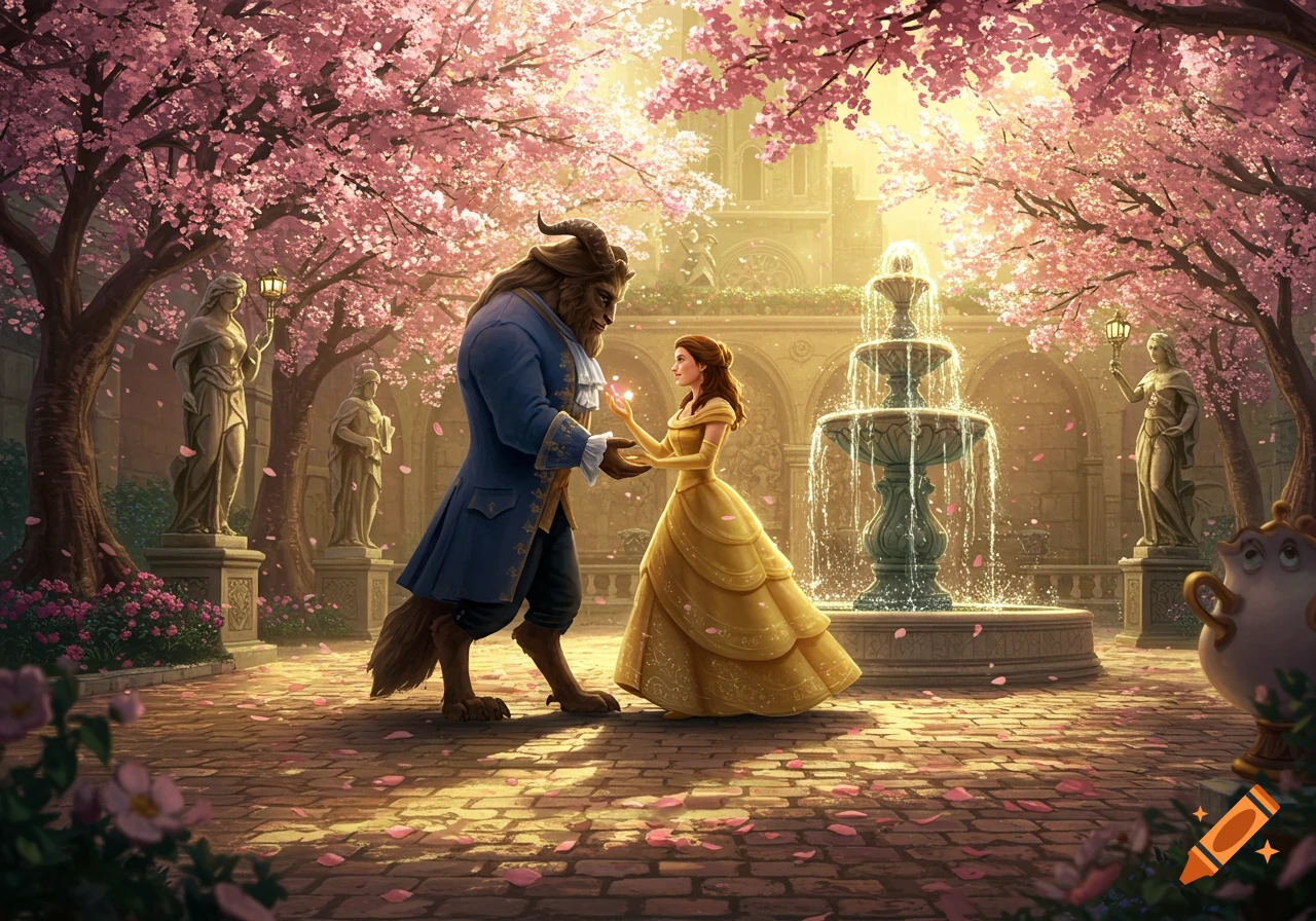 Belle and Beast in a romantic courtyard under cherry blossoms, bathed in golden light, by a sparkling fountain and statues.
