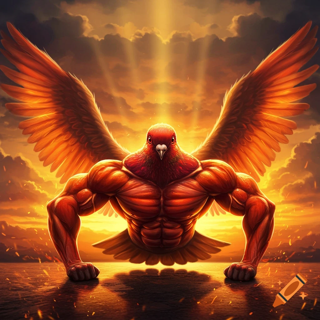 A muscular, red pigeon with large wings flexing its biceps against a fiery orange and yellow sky.