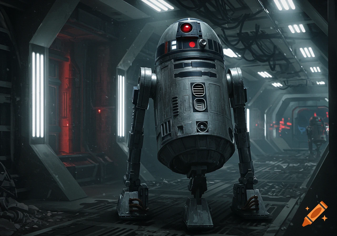 A photorealistic astromech robot stands in a dimly lit, metallic spaceship corridor with glowing lights.