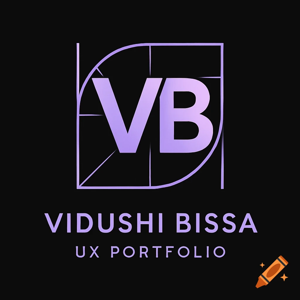Purple VB initials inside a geometric logo frame with text 'VIDUSHI BISSA UX PORTFOLIO' on a black background.