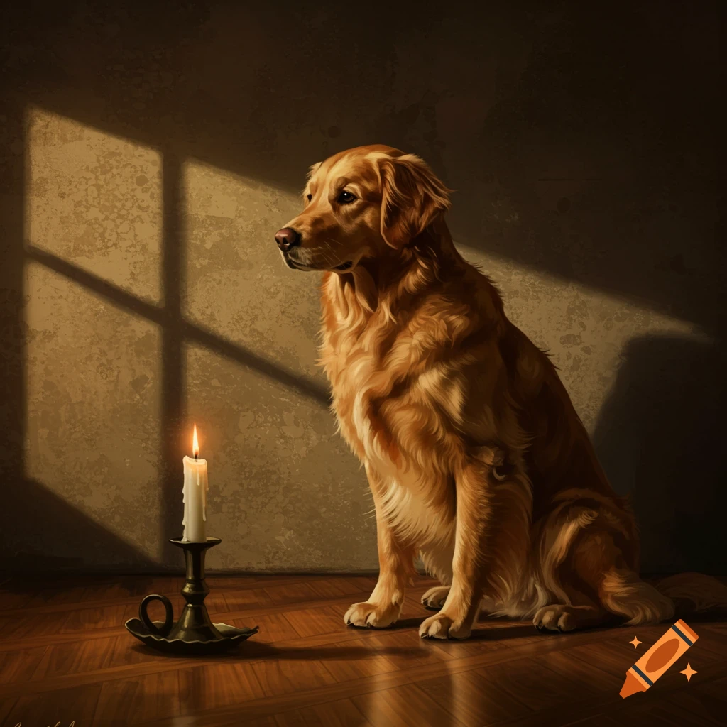 A golden retriever sits beside a lit candle, illuminated by sunlight streaming through a window.