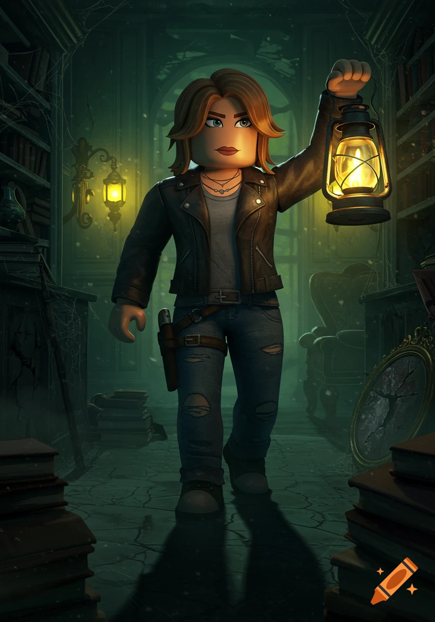 Roblox-style female character holding a lit lantern in a dark, mysterious, cobweb-filled library.