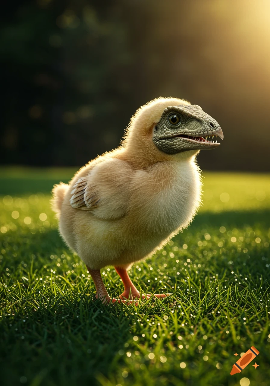 Photorealistic image of a fluffy baby chick with a detailed dinosaur head standing in a sunlit grassy field.
