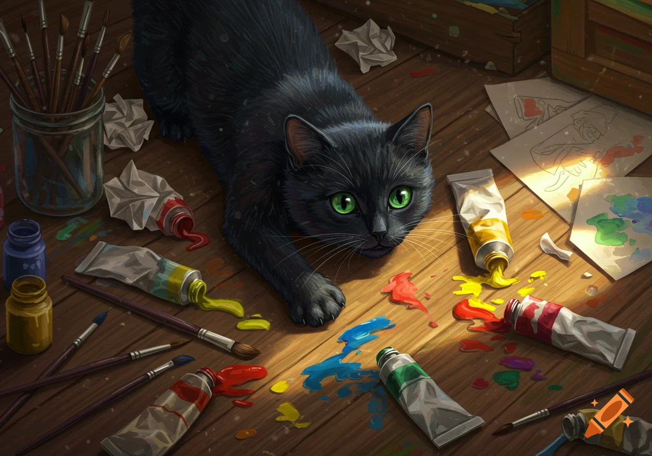 A black cat with bright green eyes plays amongst spilled paints and art supplies on a wooden floor, illustrated.