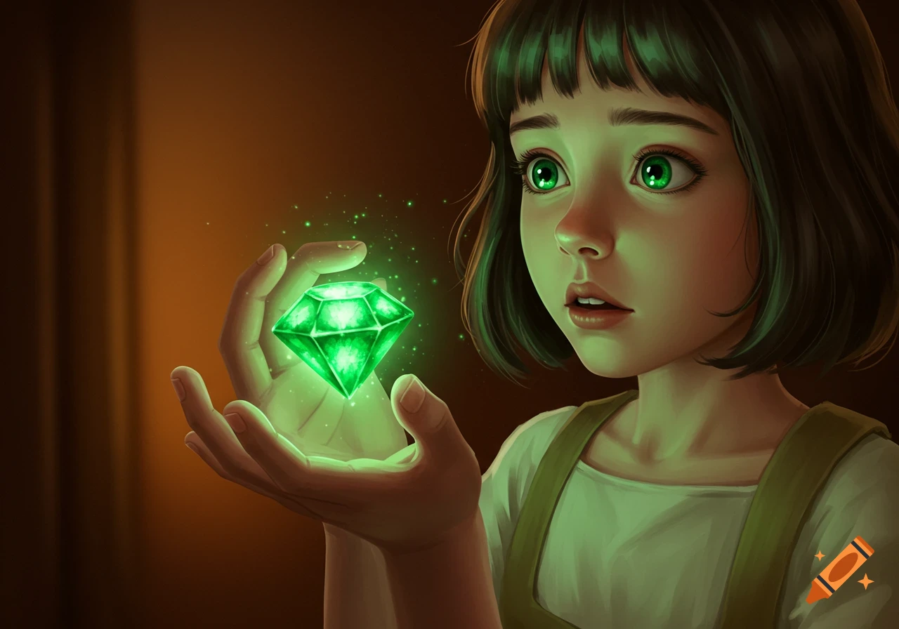 A young girl with short dark hair and large green eyes looks at a glowing green gem in her hands.