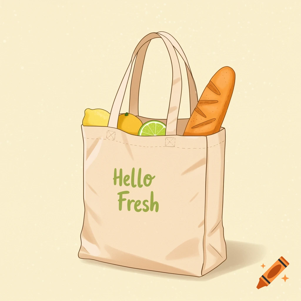 An illustration of a beige tote bag with "Hello Fresh" in green text, holding a lemon, a lime, and a baguette.